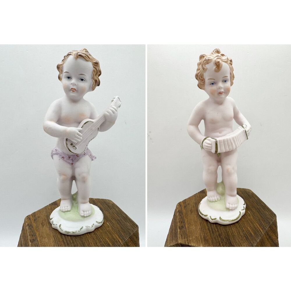 ISCO Germany children musicians porcelain Bisque Figurines Accordion  Ukulele